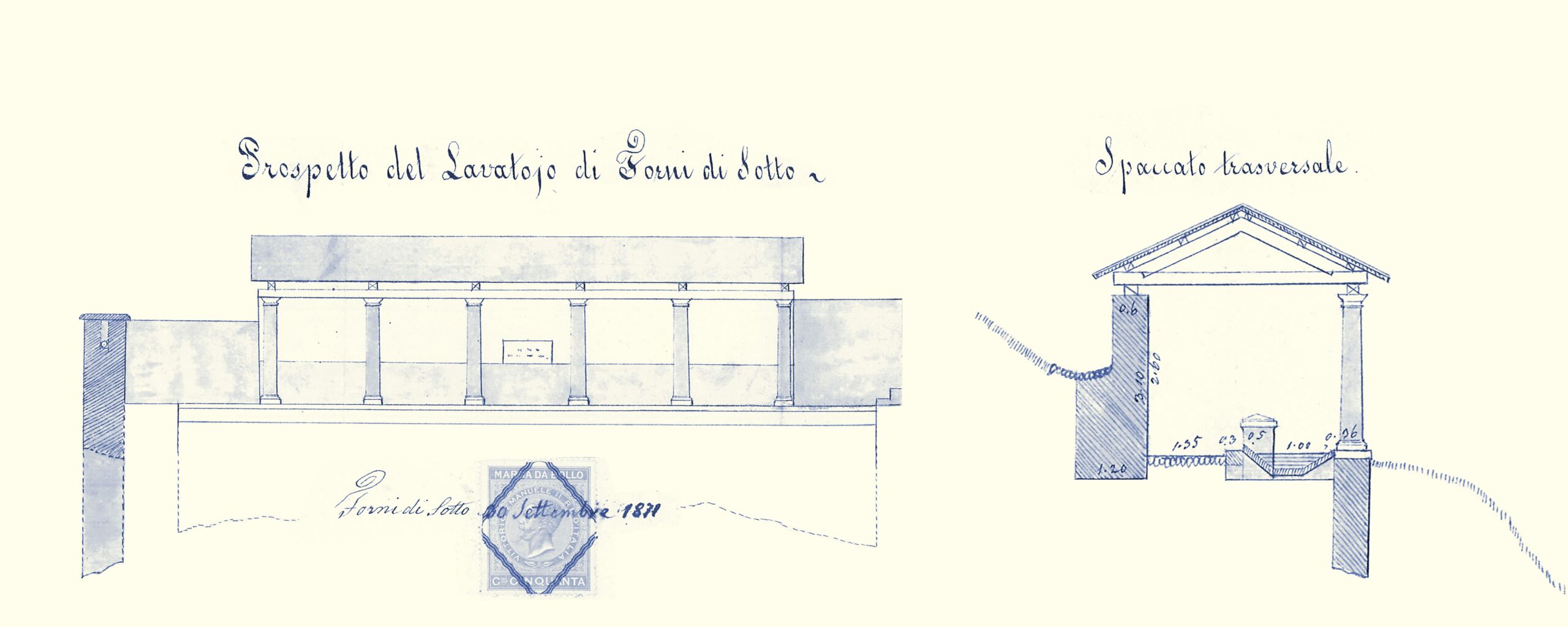 Disegni progettuali risalenti al 1871 realizzati dall’Ing. Marioni per il consolidamento e il restauro dell’antico lavatoio di Baselia.<br />
